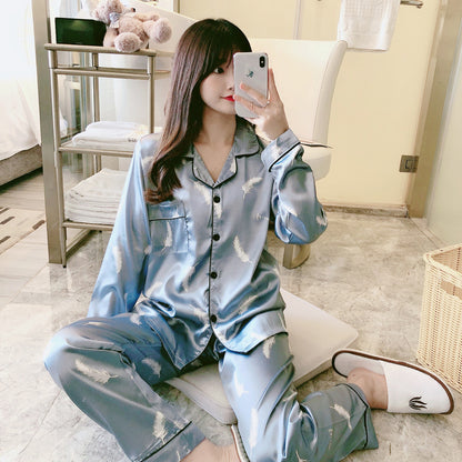 Pajamas Women's Sweet Luxury 5050 Artificial Silk Lapel Long Sleeve Trousers Home Wear Two-piece Suit