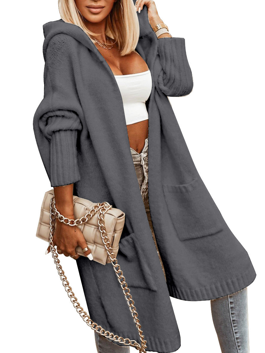 Ladies Hooded Solid Color Mid-length Knitwear Fashion Casual Pocket Long Sleeve Trench Coat