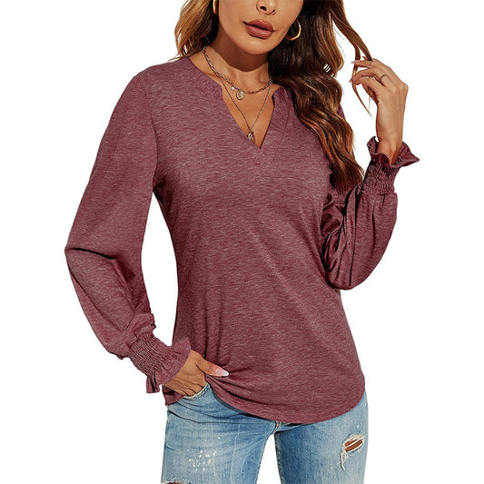 Women's V-neck Stitching Long Sleeve T-shirt