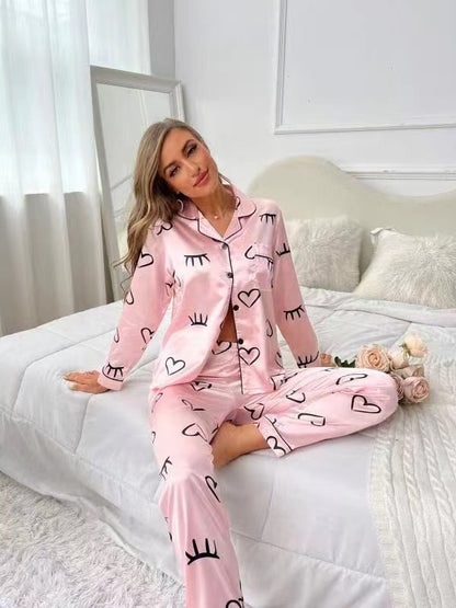 Pajamas Women's Sweet Luxury 5050 Artificial Silk Lapel Long Sleeve Trousers Home Wear Two-piece Suit