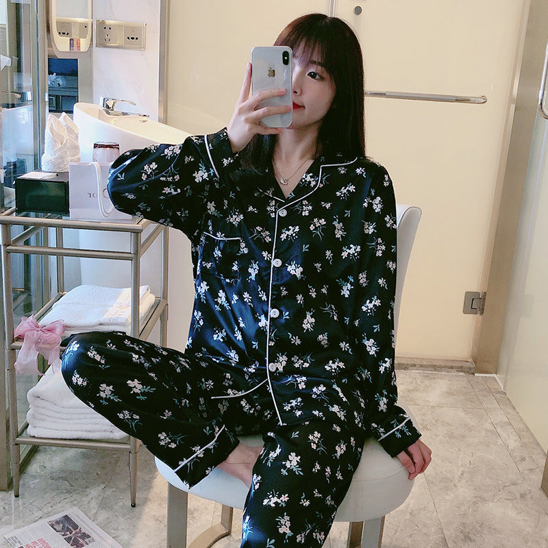 Pajamas Women's Sweet Luxury 5050 Artificial Silk Lapel Long Sleeve Trousers Home Wear Two-piece Suit