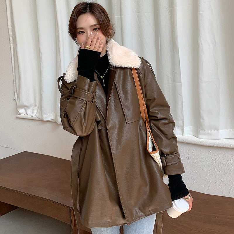 Coffee Colored Leather Coat Women's Plush Thickened Medium Long Style