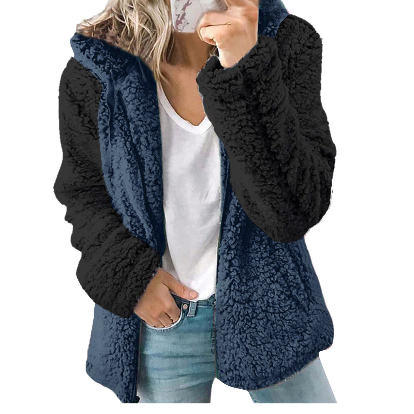 Multi Panel Hooded Plush Autumn Winter Coat