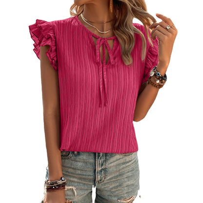 European And American Crumpled Small V-neck Flounce Lace-up Top