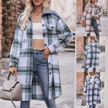 Casual Flannel Plaid Shirt Long Coat