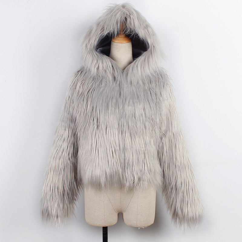 Ladies Hooded Washed Wool And Faux Fur Coat