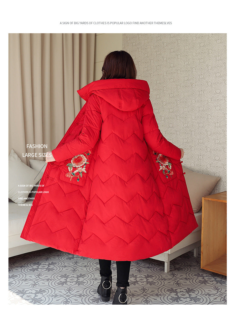 Winter New Vintage Cotton-padded Jacket Ethnic Embroidery Ladies Below The Knee Cotton Clothes