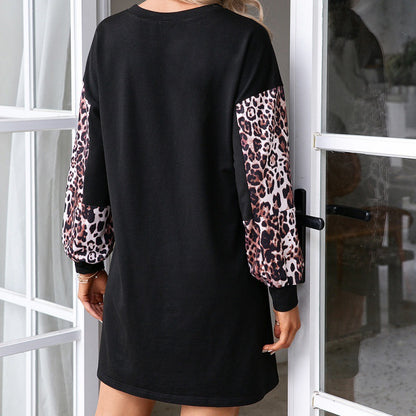 Leopard Print Contrast Stitching Long-sleeved Round Neck Pullover