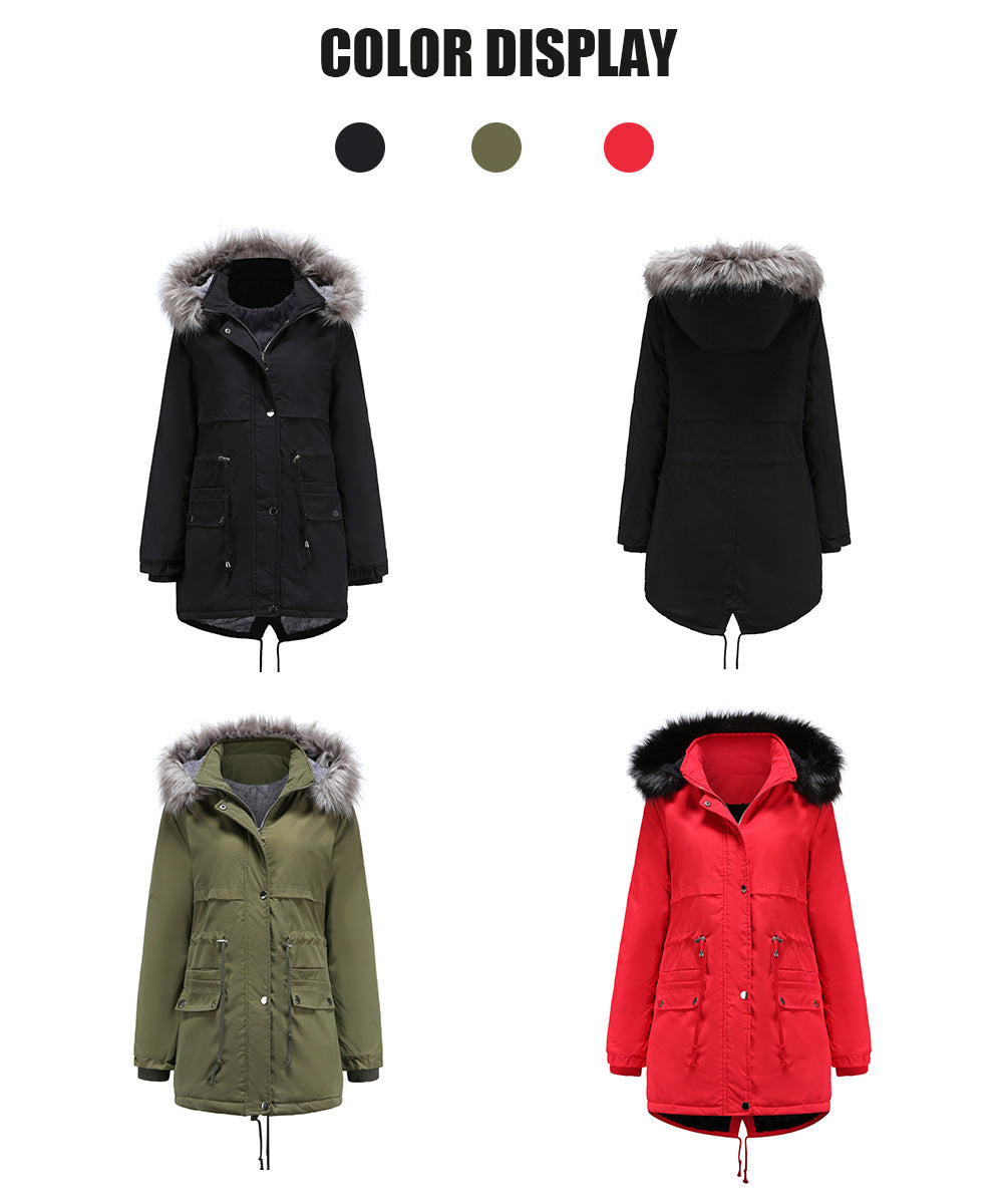 Autumn And Winter Women's Clothing Large Fur Collar Cotton Coat Women's Fleece-lined Thickened Detachable Hat Warm Coat