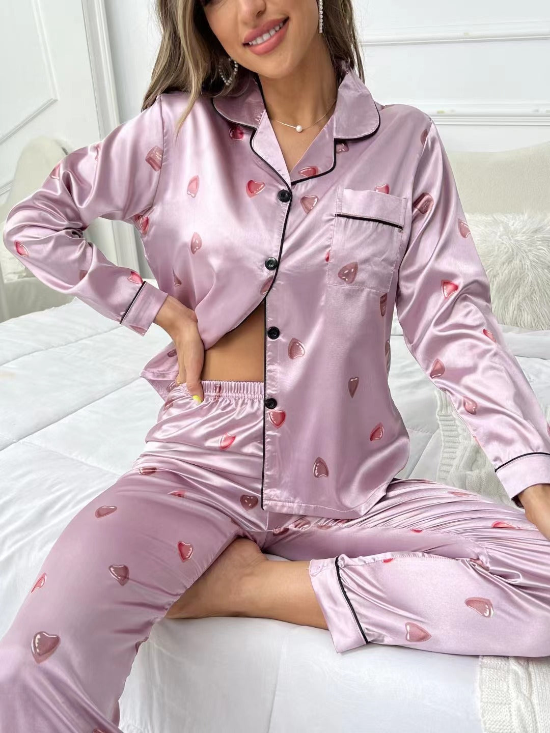 Pajamas Women's Sweet Luxury 5050 Artificial Silk Lapel Long Sleeve Trousers Home Wear Two-piece Suit