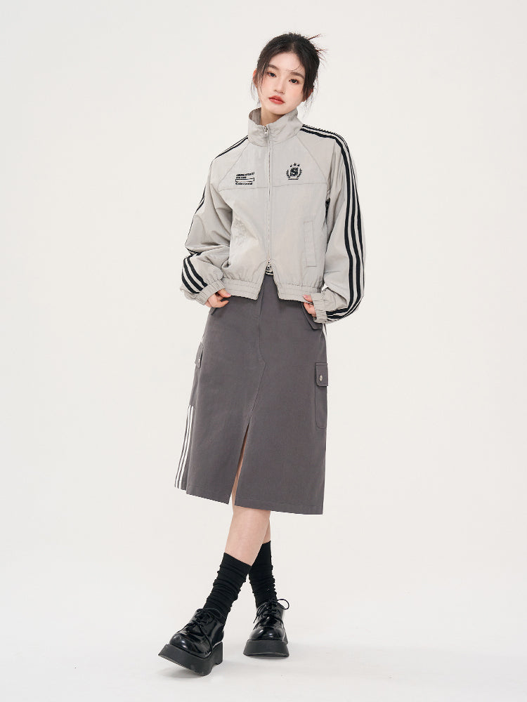 Women's Striped Sleeve Cardigan Hoodie Short Stand Collar Long Sleeve Coat