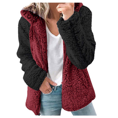 Multi Panel Hooded Plush Autumn Winter Coat