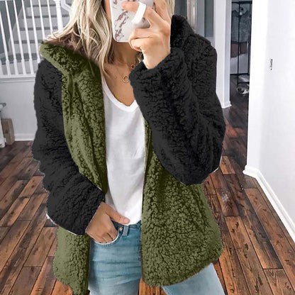 Multi Panel Hooded Plush Autumn Winter Coat