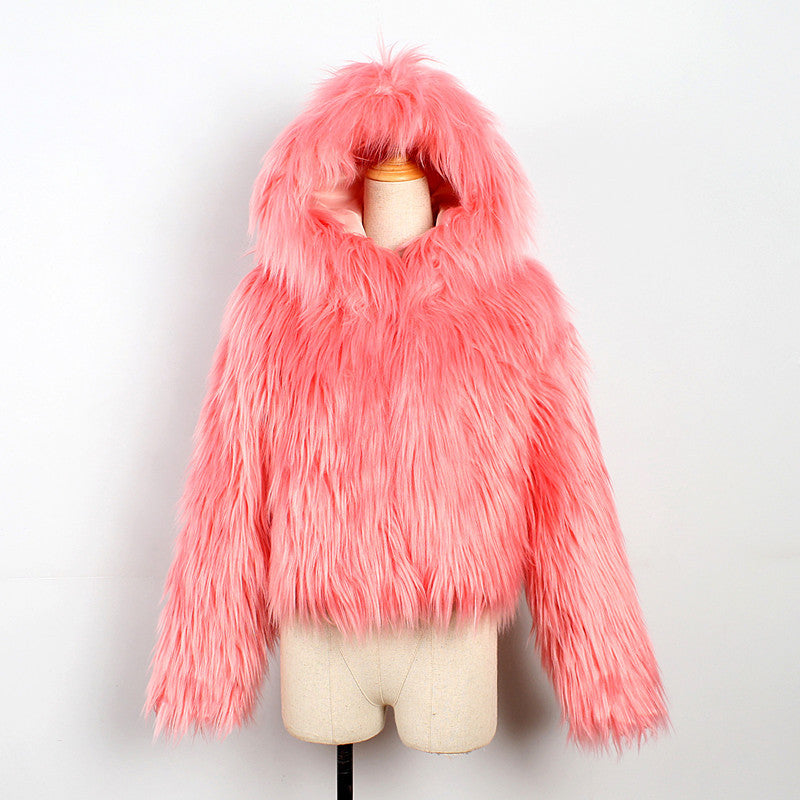Ladies Hooded Washed Wool And Faux Fur Coat