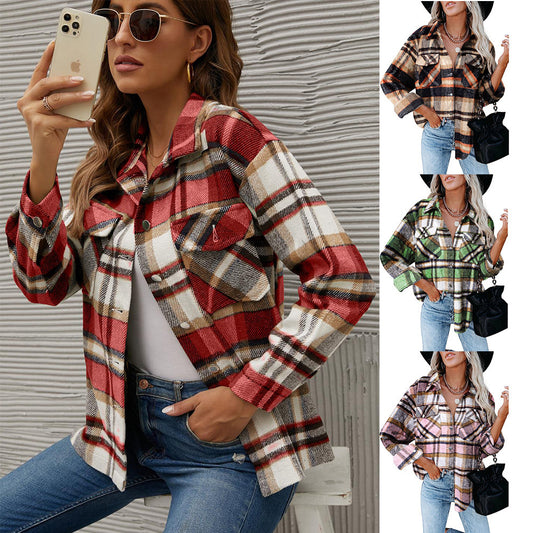 Autumn And Winter Loose Woolen Plaid Shirt Buttoned Jacket