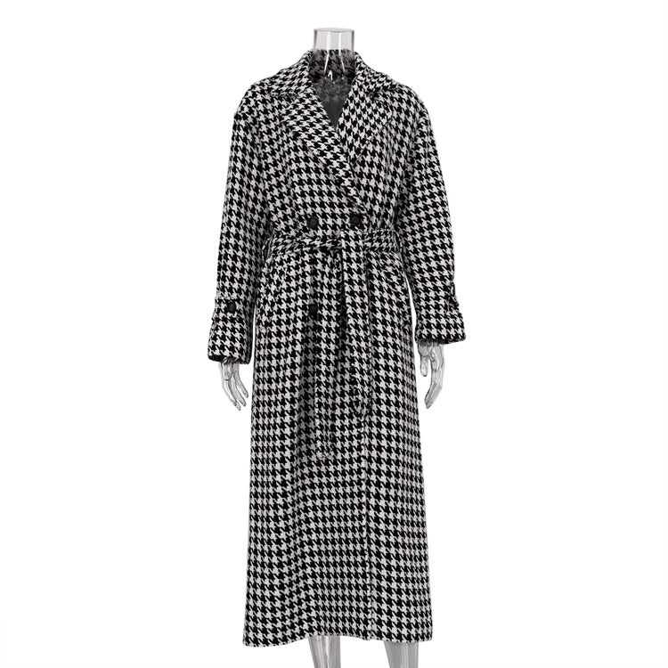 Houndstooth Long Trench Coat High-end And Fashionable Coat For Women