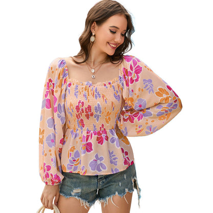 Long Sleeve Chiffon Shirt Woman Square-neck Floral Print Lantern Sleeve Shirt
