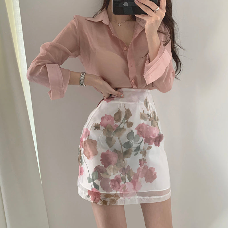 Women's Floral Shirt Skirt Two Piece Set