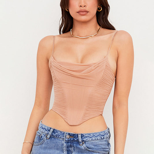 Fish Bone Piled Collar Cropped Camisole