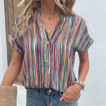 Women's Casual Color Striped Button Short Sleeve Shirt